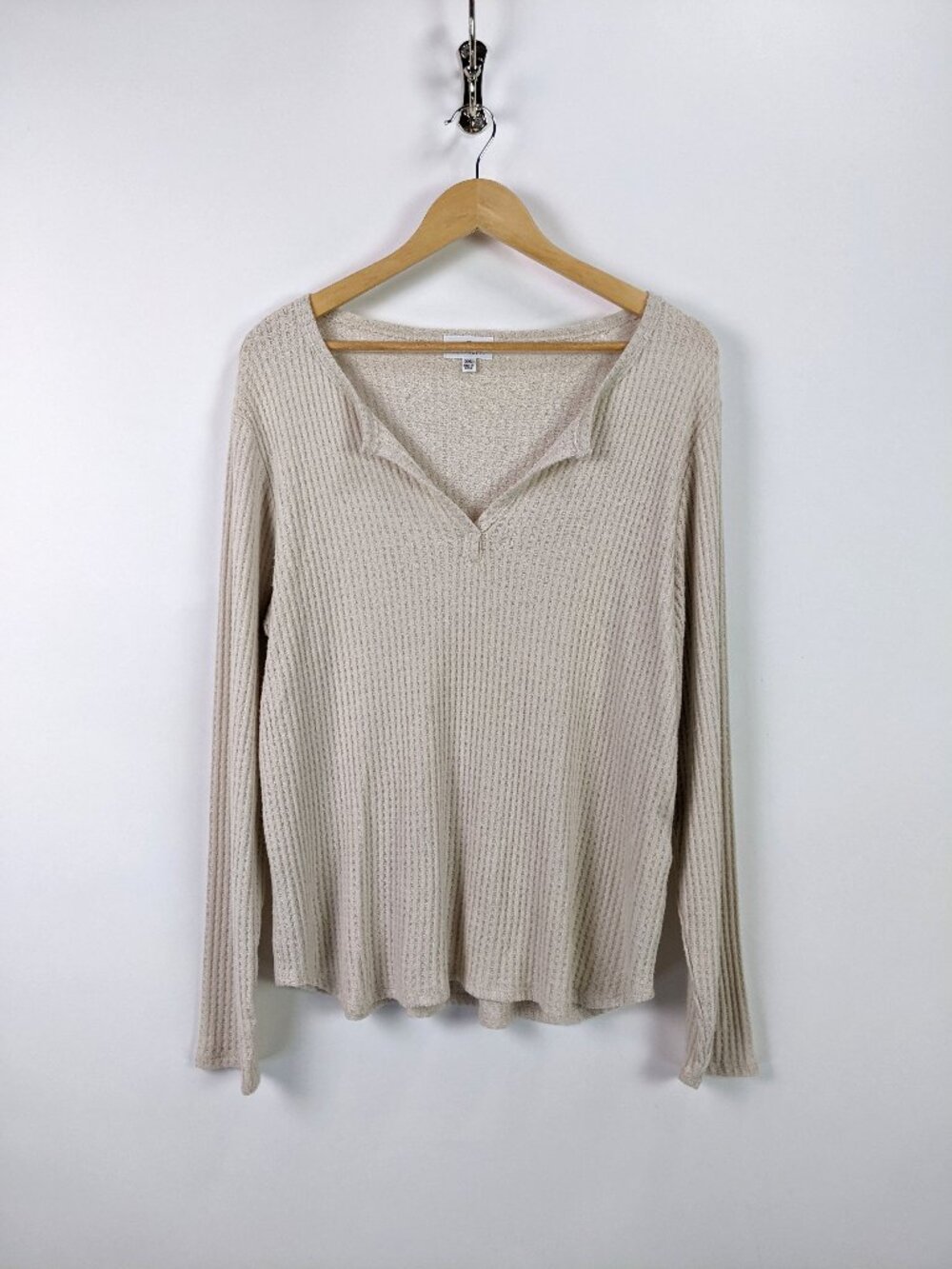 Socialite Womens Waffle Knit Henley V-Neck Long Sleeve Relaxed Top Beige - XXL